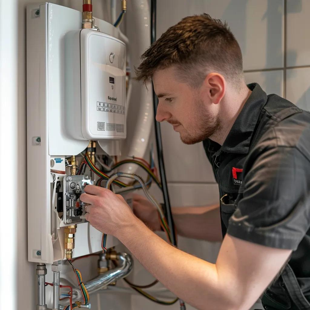 Technician installing a high-efficiency condensing boiler, adjusting controls and connections in a home setting, emphasizing expert boiler installation and energy efficiency.