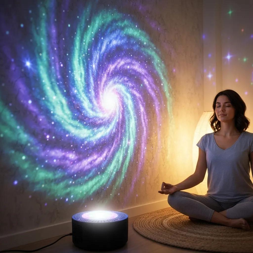 A galaxy projector displaying serene star patterns, designed to enhance relaxation and promote well-being