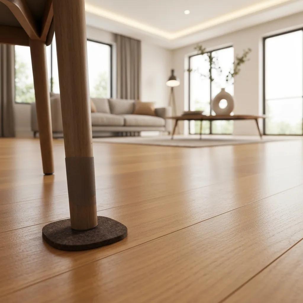 A chair leg fitted with a protective felt pad on an engineered wood floor to prevent scratches