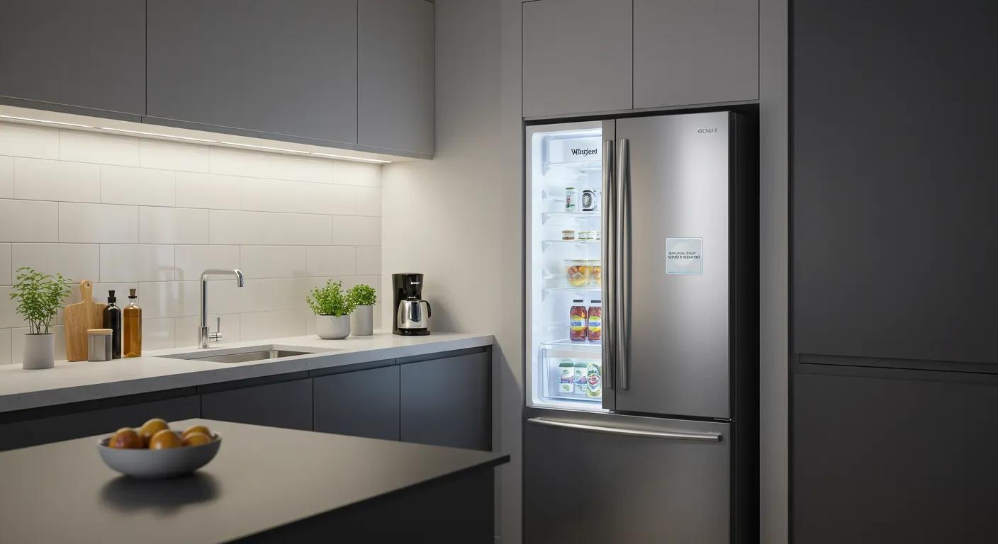 a sleek urban kitchen, featuring a modern whirlpool refrigerator prominently displaying a high-quality everydrop water filter, illuminated by soft, focused lighting that highlights its advanced design and pristine filtration system. a sleek urban kitchen, featuring a modern whirlpool refrigerator prominently displaying a high-quality everydrop water filter, illuminated by soft, focused lighting that highlights its advanced design and pristine filtration system.