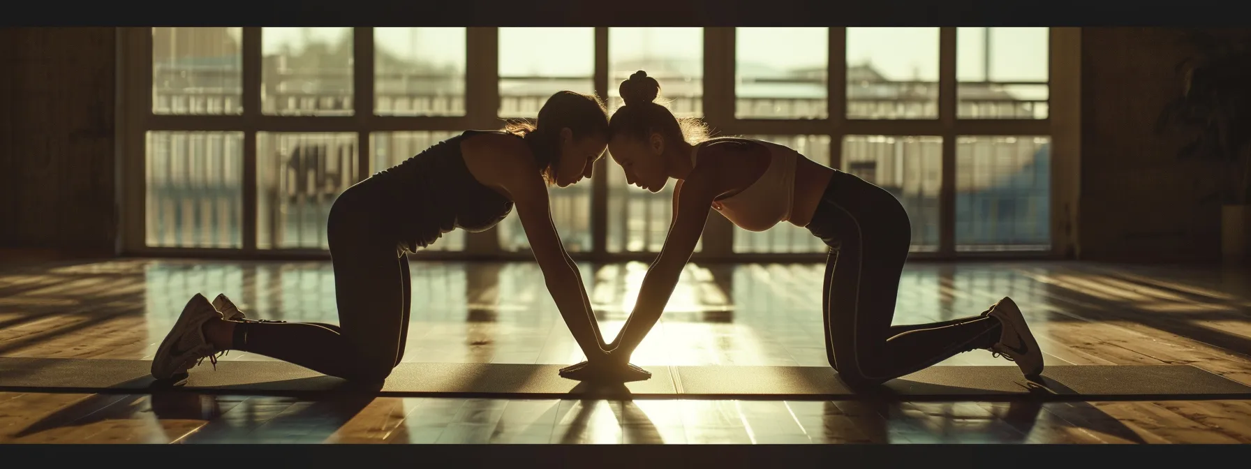 two partners supporting each other in a synchronized plank position.