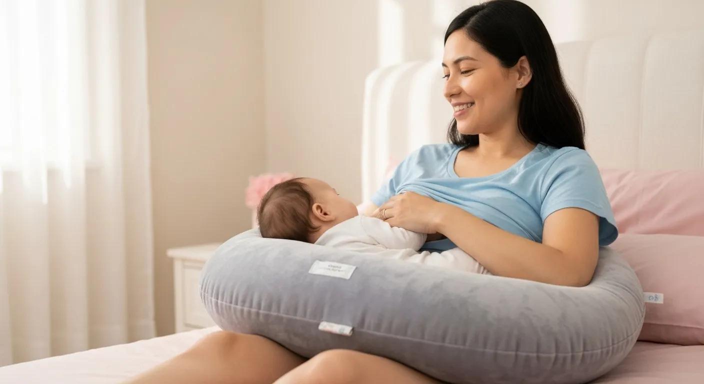 A new mum comfortably breastfeeding with a nursing pillow, highlighting the support and ease it provides