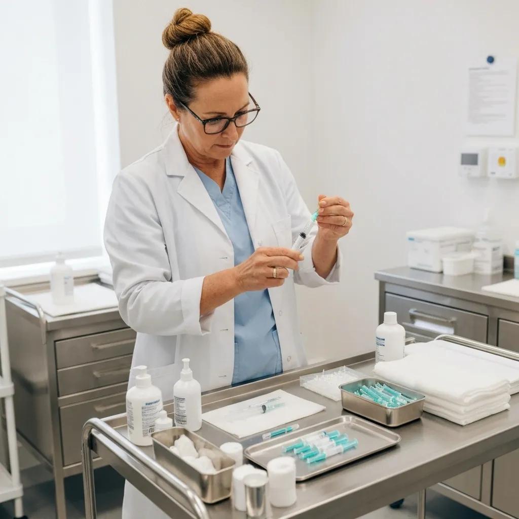Healthcare professional preparing a sermorelin injection in a clinical setting