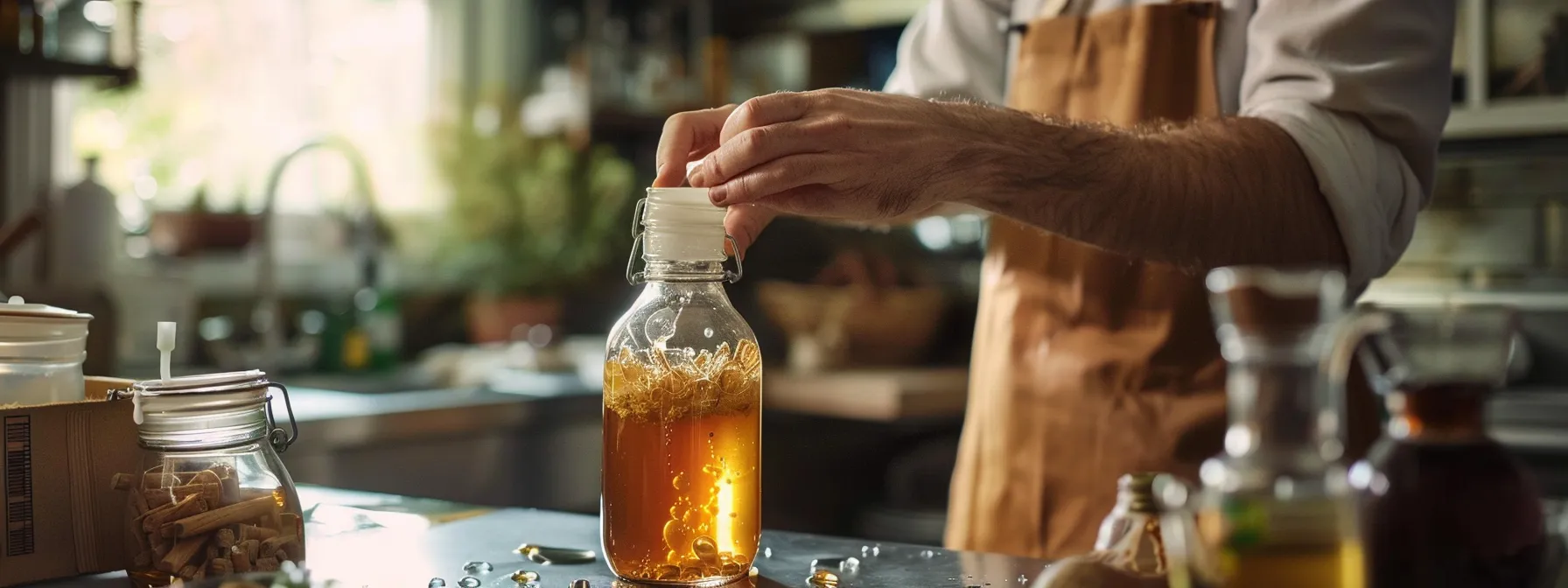 a person carefully examining a bottle of synergy raw kombucha, intrigued by its distinct fermentation process and ingredients.