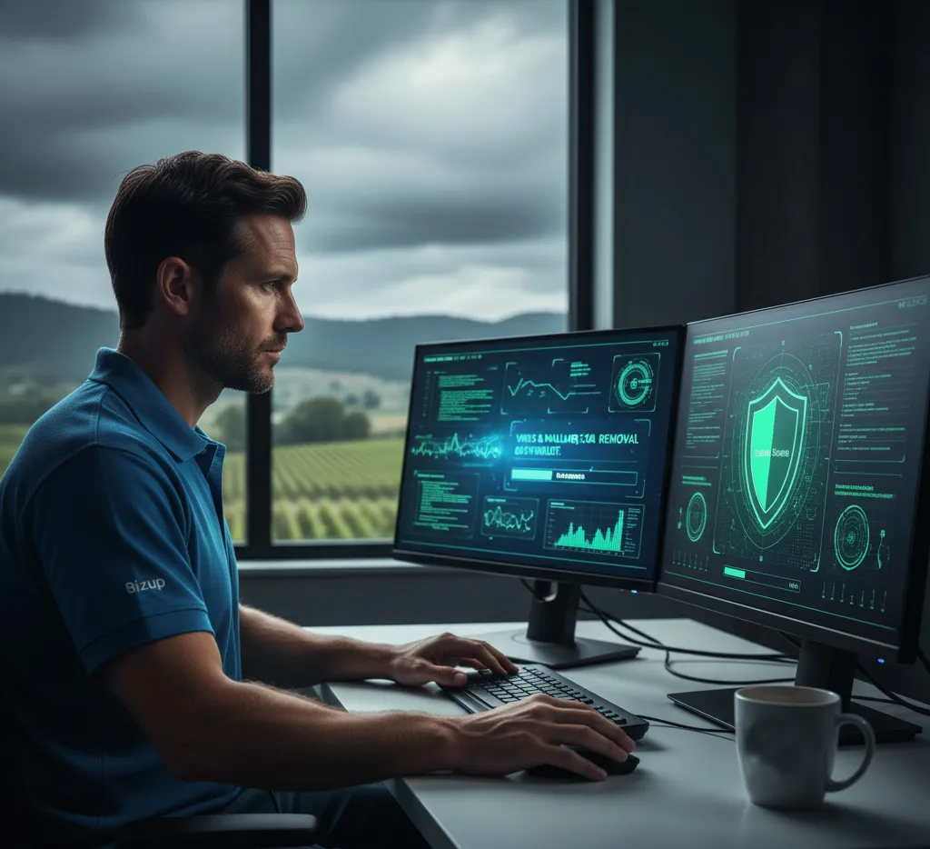 Man in blue shirt working on dual monitors displaying virus and malware removal software, with a scenic vineyard backdrop.