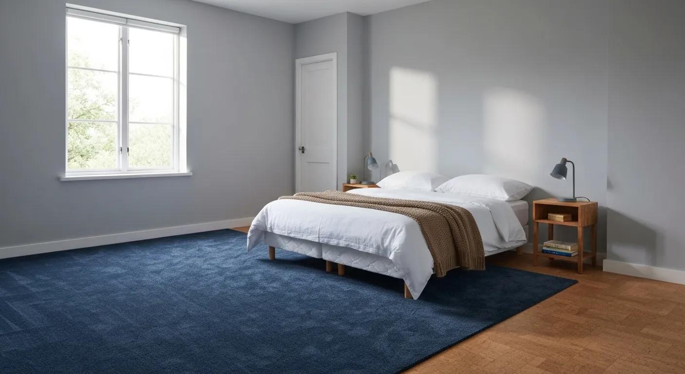 Peaceful bedroom featuring plush carpet and cork flooring, emphasizing its sound-dampening qualities