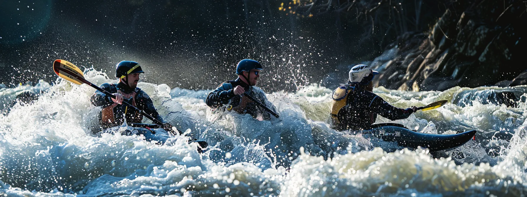 a group of paddlers navigating through intense class iv rapids on the middle ocoee, facing steep drops and technical challenges.