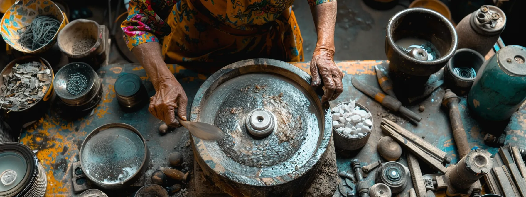 a person inspecting and cleaning a wet stone grinder with various tools and equipment nearby.