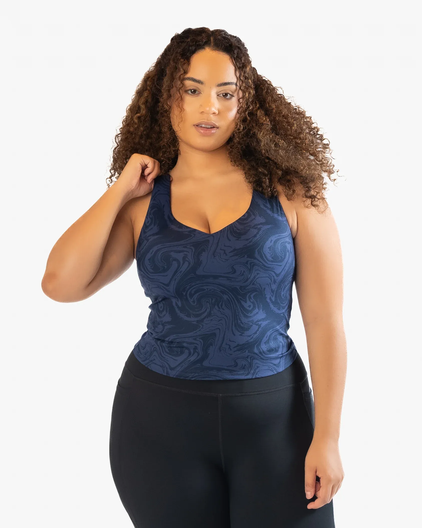 Woman wearing Skin Shakti Tank (Mid-Length) - Twilight Swirl