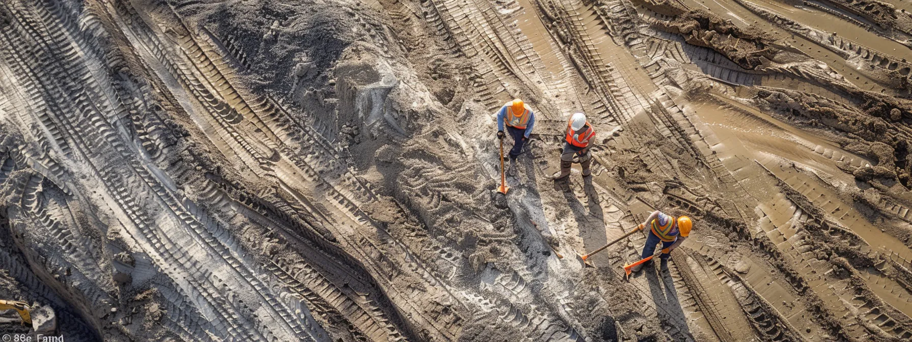 a team of workers installing erosion control measures on a construction site.