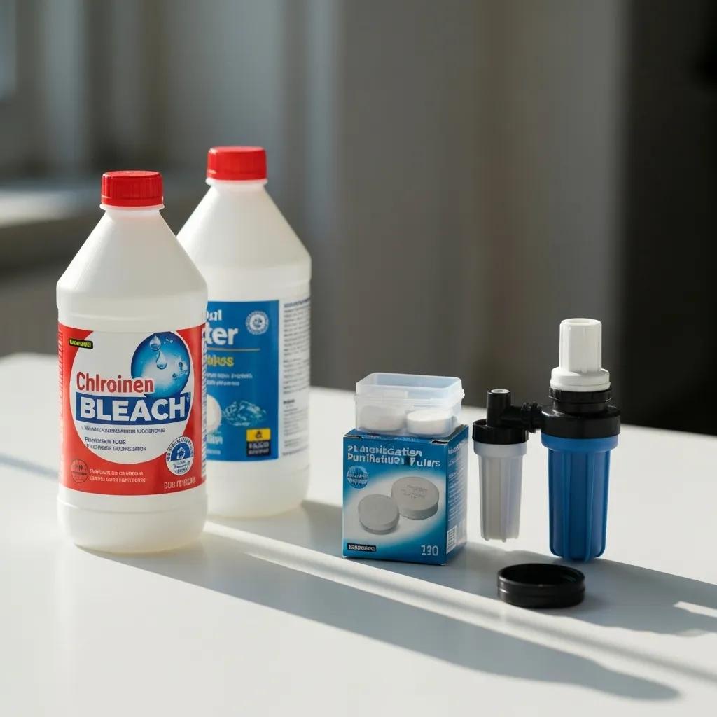 Different water purification methods including bleach, tablets, and a filtration pump