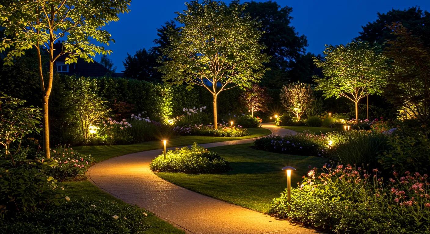 Nighttime garden scene with various landscape lighting options illuminating pathways and trees Nighttime garden scene with various landscape lighting options illuminating pathways and trees