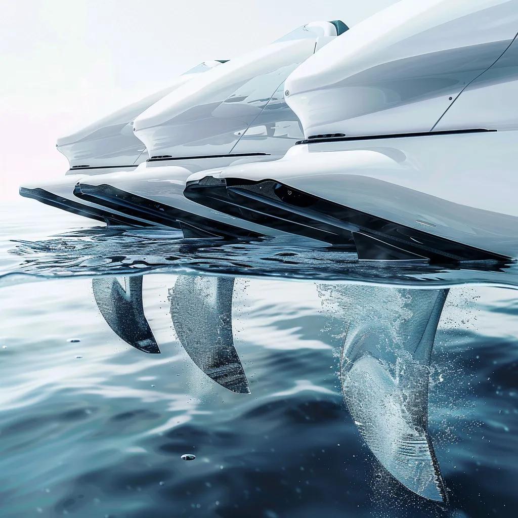Close-up of hydrofoil technology under water, illustrating lift mechanics of the Foil Drive system