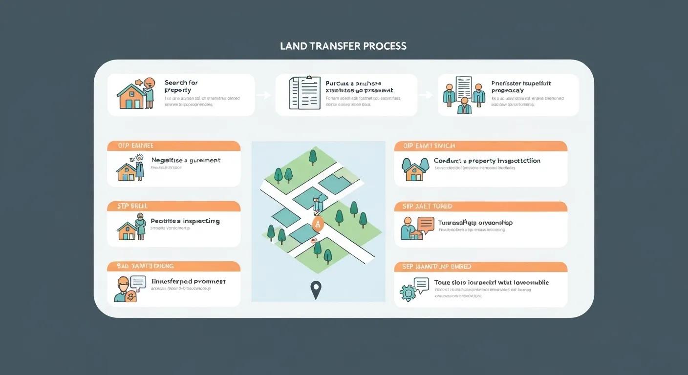 Visual representation of the land transfer process with icons for each step, enhancing understanding of the procedure