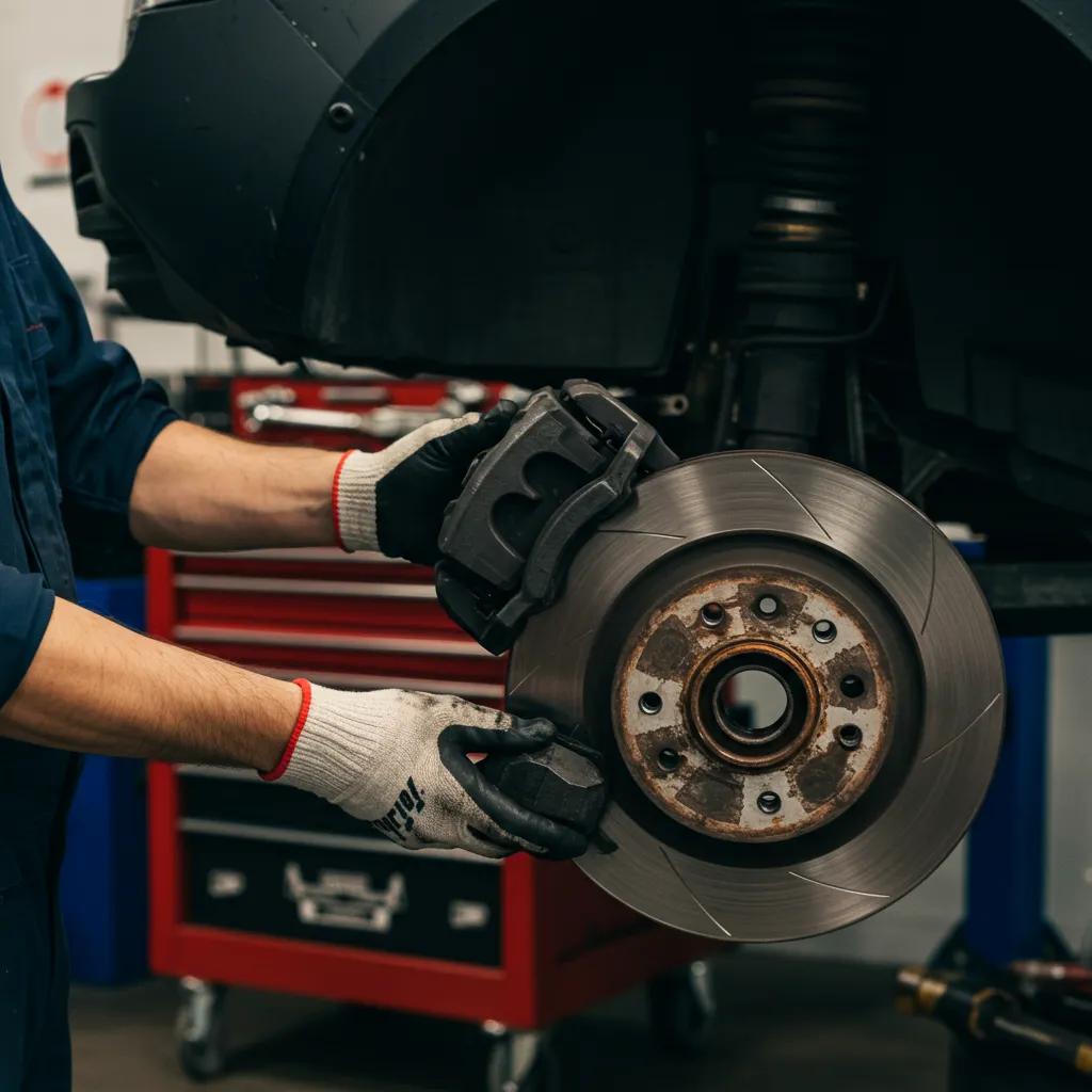 Mechanic inspecting brake pads and rotors in an auto repair shop