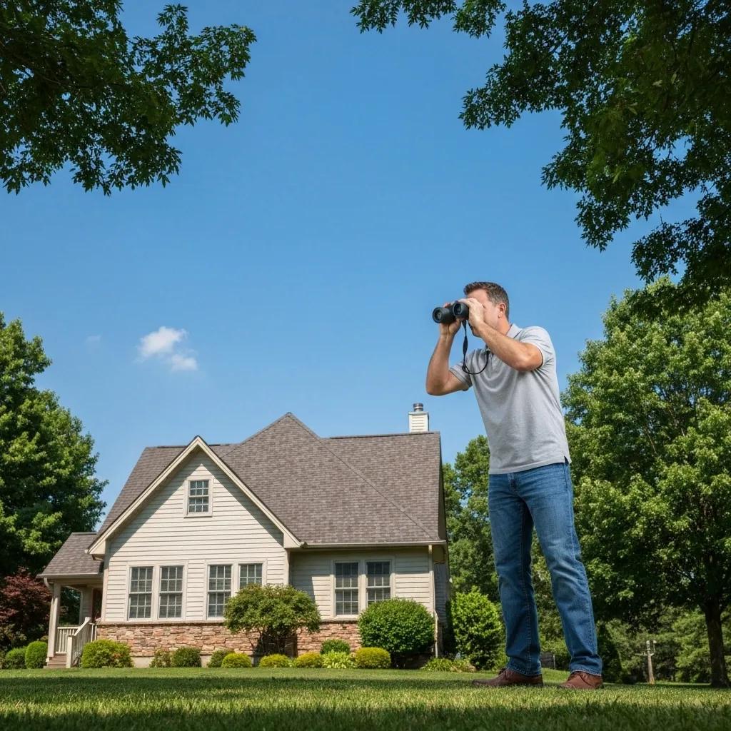 Homeowner inspecting roof with binoculars, emphasizing proactive maintenance and care Homeowner inspecting roof with binoculars, emphasizing proactive maintenance and care