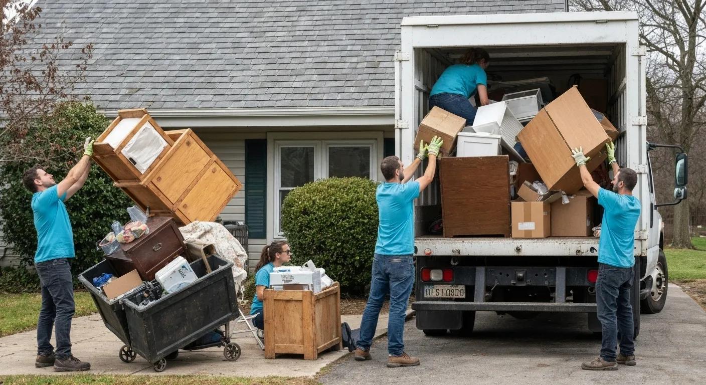 Professional junk removal team clearing clutter from a home, emphasizing efficiency and teamwork Professional junk removal team clearing clutter from a home, emphasizing efficiency and teamwork