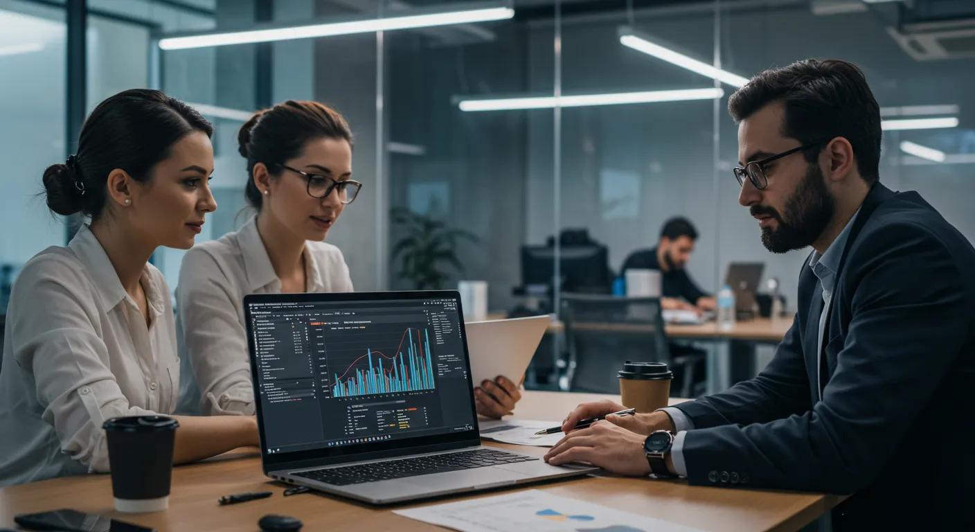a sleek, modern office in dubai showcases a team collaborating over a laptop, displaying intricate graphs and charts that represent the cost breakdown of custom wordpress plugin development, illuminated by vibrant artificial lighting that highlights their focused expressions.