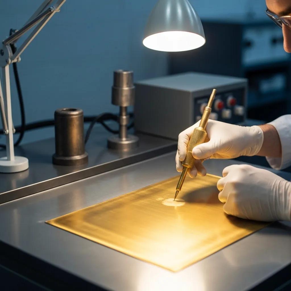 Expert technician meticulously applying a lustrous gold finish to a metal component