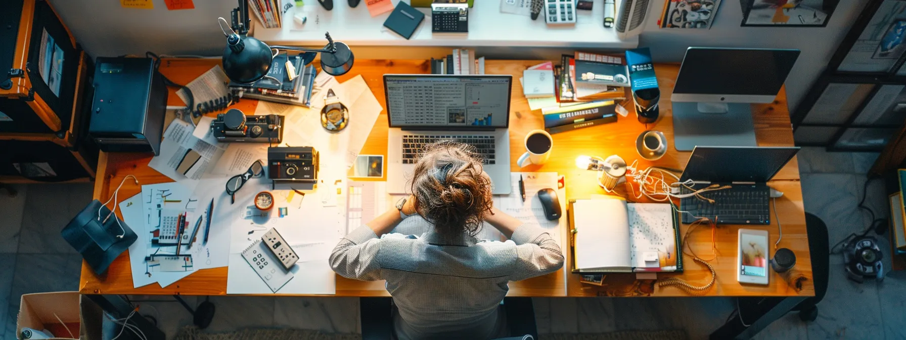 a person surrounded by digital devices, but taking a break in a serene and clutter-free workspace.