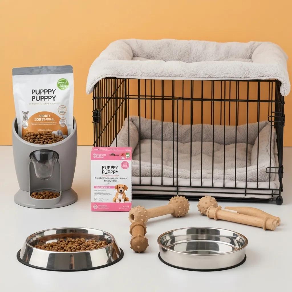 A charming collection of essential puppy supplies, including nutritious food, a comfy crate, engaging toys, and feeding bowls, all neatly arranged