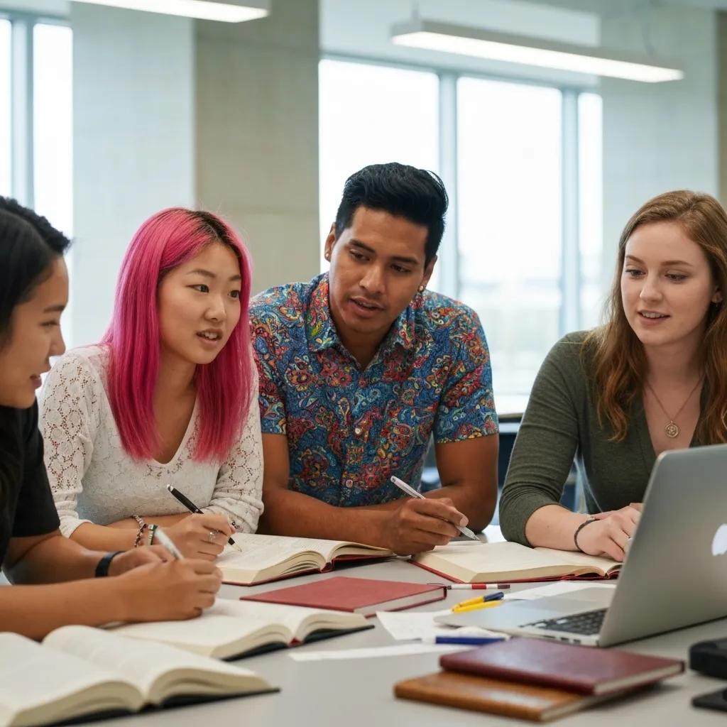 A diverse group of international students actively engaged in a collaborative learning session at a U.S. university, symbolizing their academic journey