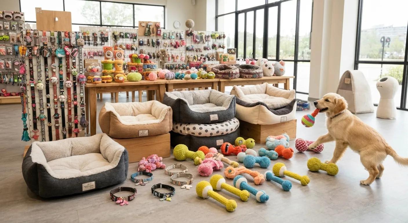 A vibrant display of unique pet accessories, including stylish collars, comfortable beds, and engaging toys, set in a welcoming, pet-friendly environment.