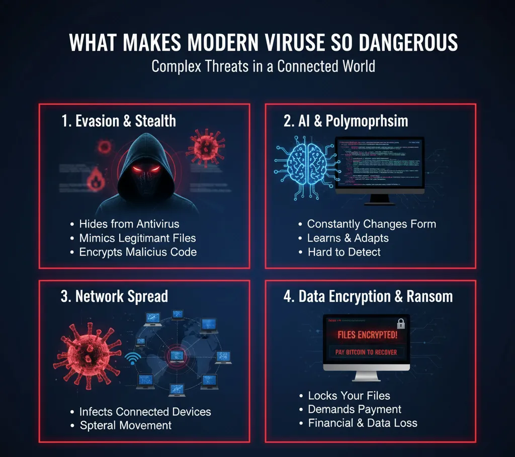 Modern virus threats infographic highlighting evasion, AI, network spread, and ransomware; features a hooded figure, malware icons, and computer screens with related text.