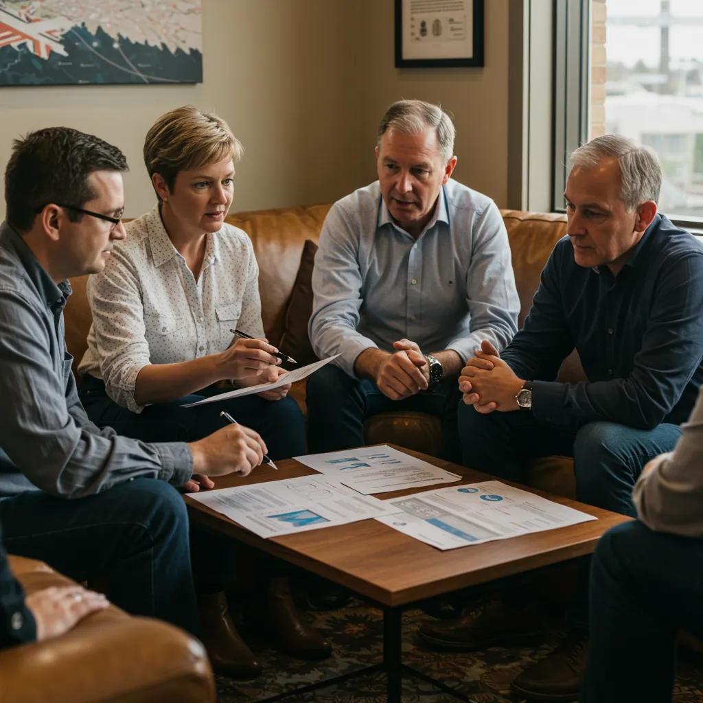 A group of Australian investors engaged in a focused discussion about financial strategies in a comfortable setting