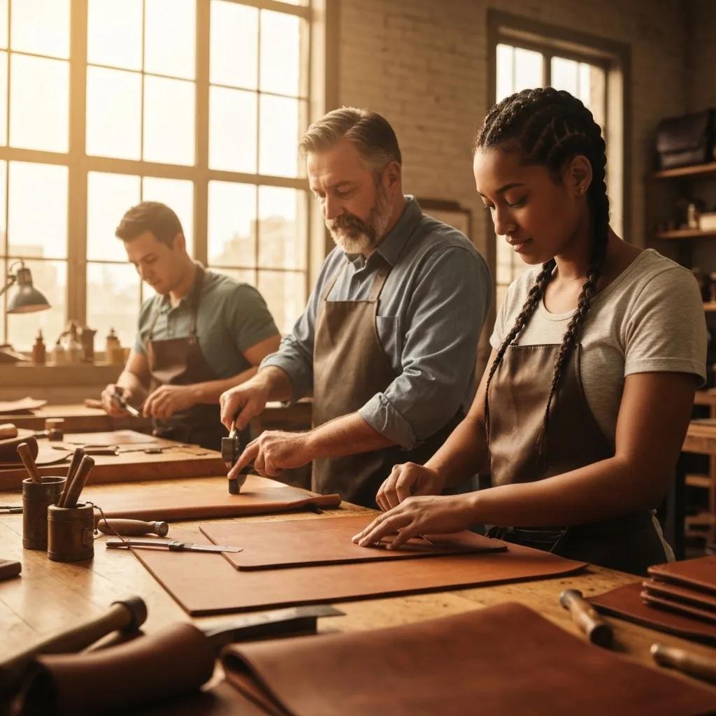 Skilled artisans working together in a leather workshop, highlighting union-made craftsmanship and quality