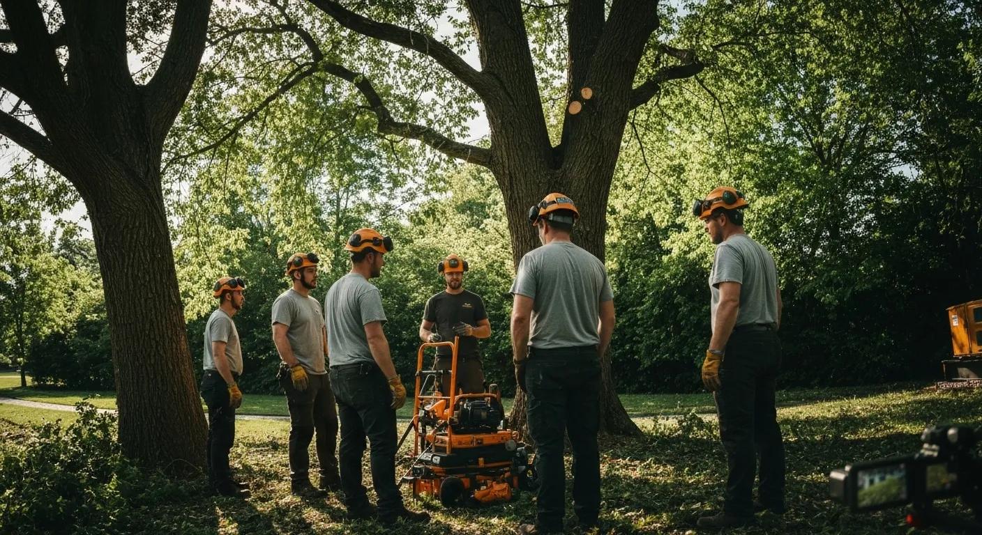 Team of certified arborists discussing safety protocols during a tree removal project