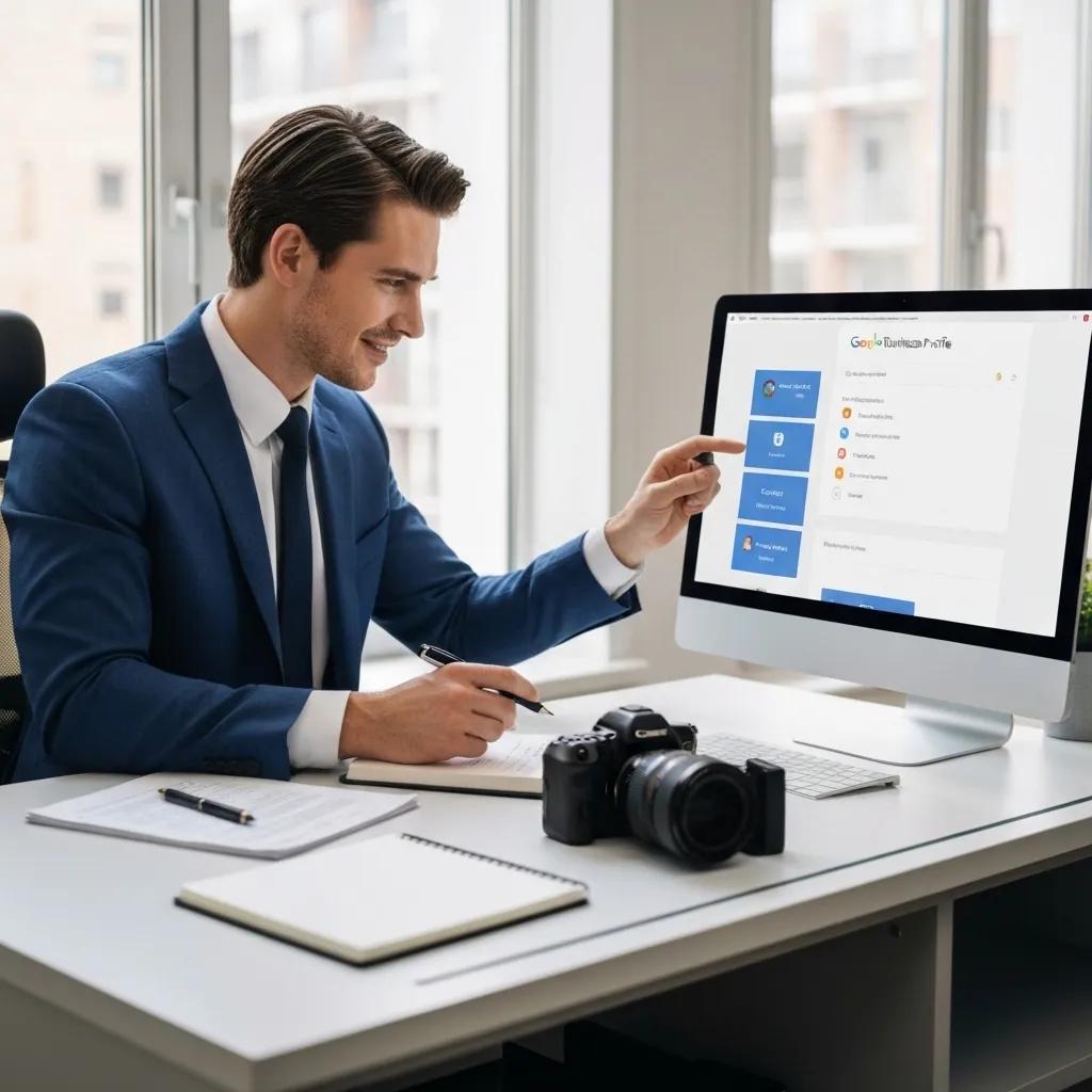 Lawyer optimizing Google Business Profile on a computer, highlighting local SEO strategies