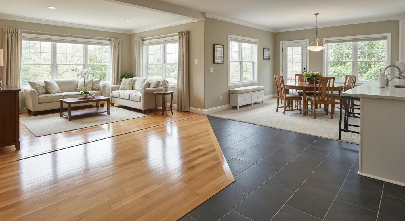 Interior space featuring a harmonious mix of hardwood, tile, and carpet flooring, illustrating the benefits of combining flooring types