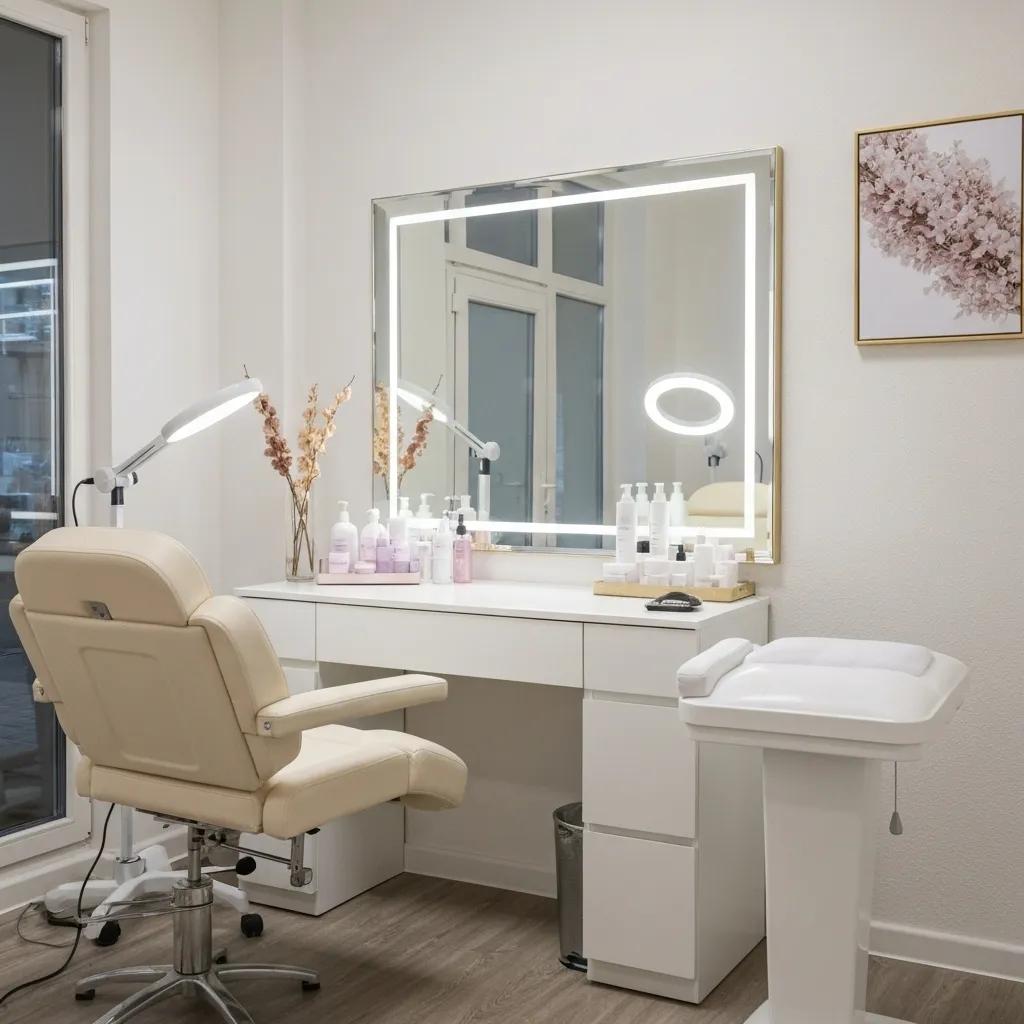 Elegant beauty salon interior with eyelash lift treatment station and serene atmosphere