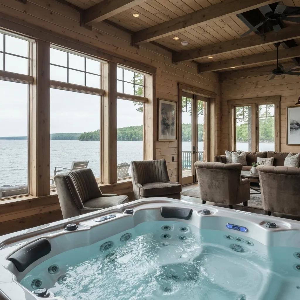 Luxurious lake cabin interior with a hot tub and panoramic lake views, emphasizing exclusive amenities