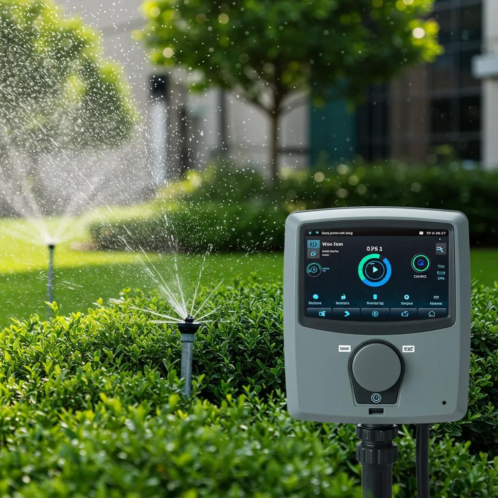 A smart irrigation system efficiently managing water usage in a commercial landscape setting