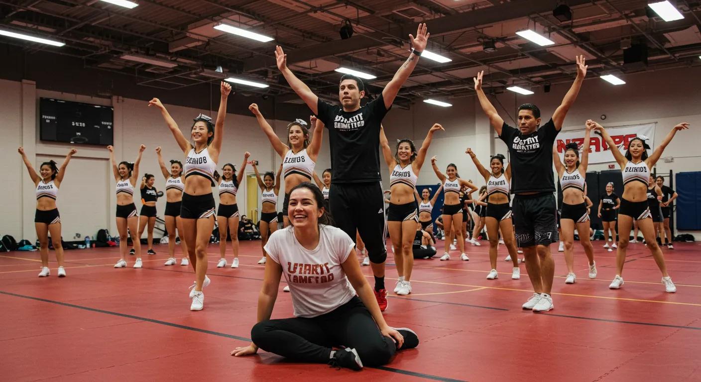 a vibrant cheerleading studio filled with enthusiastic athletes in dynamic action poses, surrounded by energetic coaches providing support and encouragement, all illuminated by bright overhead lights to emphasize teamwork and motivation. a vibrant cheerleading studio filled with enthusiastic athletes in dynamic action poses, surrounded by energetic coaches providing support and encouragement, all illuminated by bright overhead lights to emphasize teamwork and motivation.