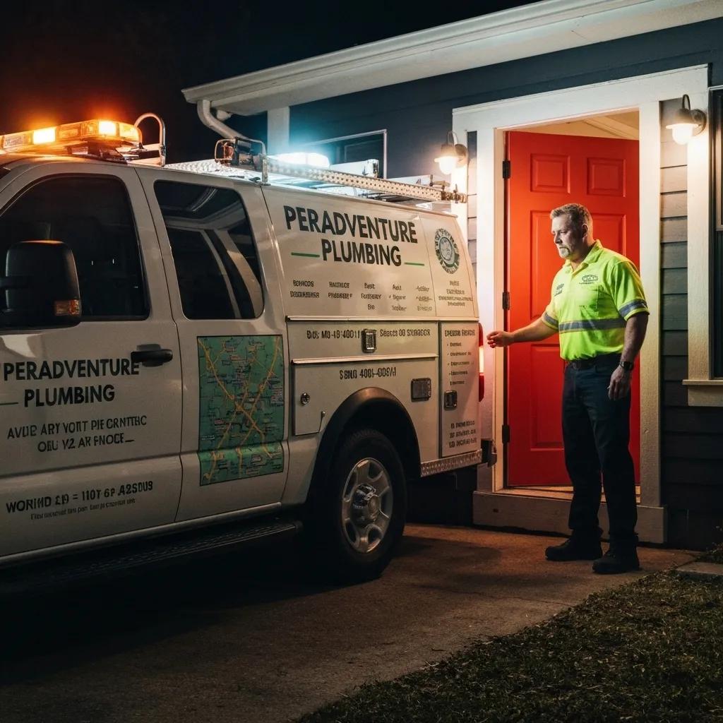 Peradventure Plumbing service vehicle ready for emergency repairs at night, highlighting 24/7 plumbing services