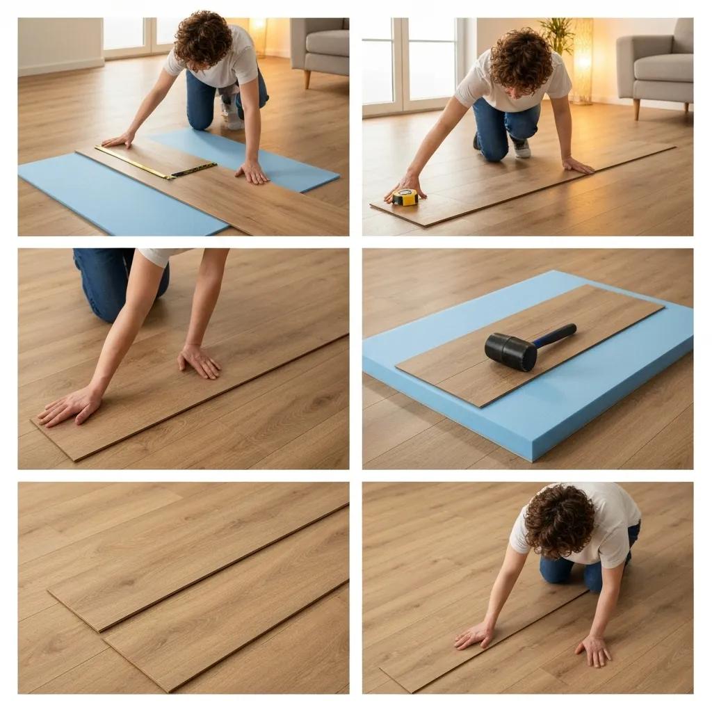 DIY laminate flooring installation process, showcasing a person laying planks with tools in a bright room