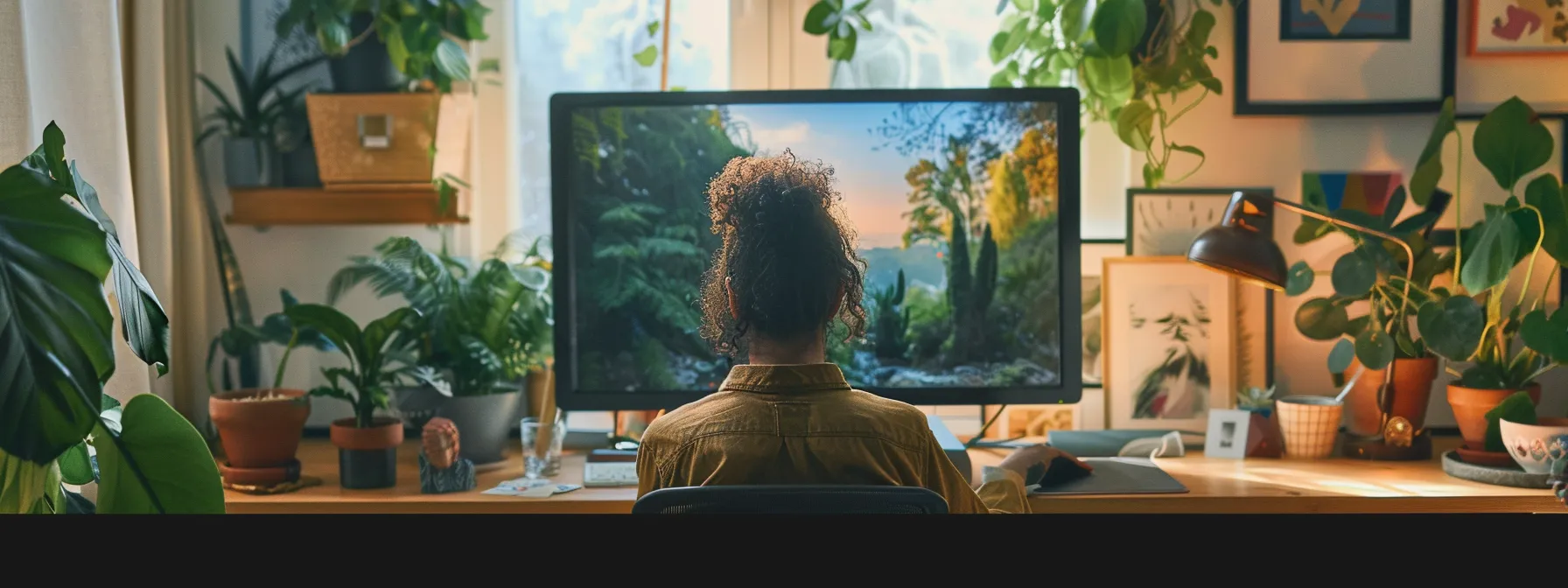 a person sitting at a tidy desk with a computer screen displaying a serene nature scene, surrounded by plants and artwork, creating a peaceful and focused digital environment.