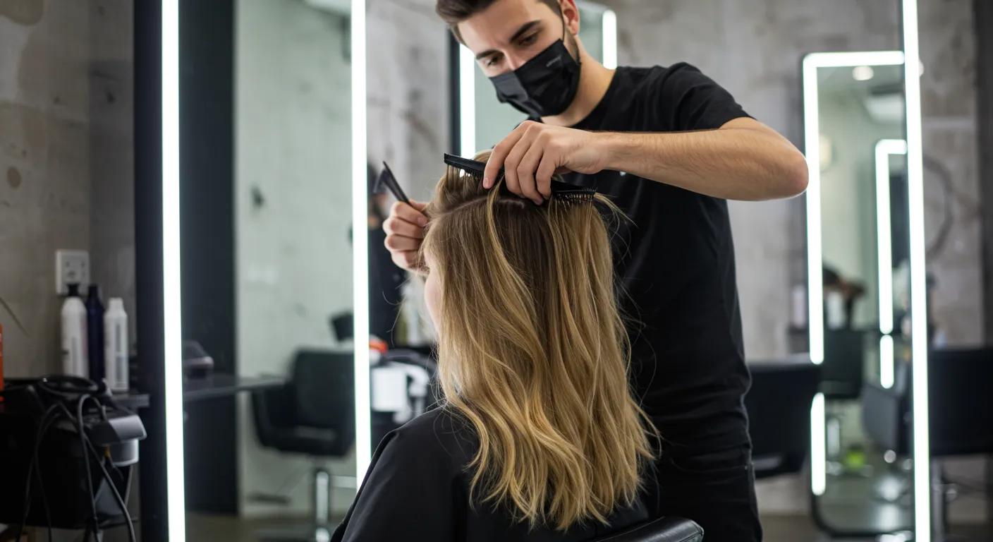 a stylist expertly blending high-quality hair extensions into a client's luscious locks