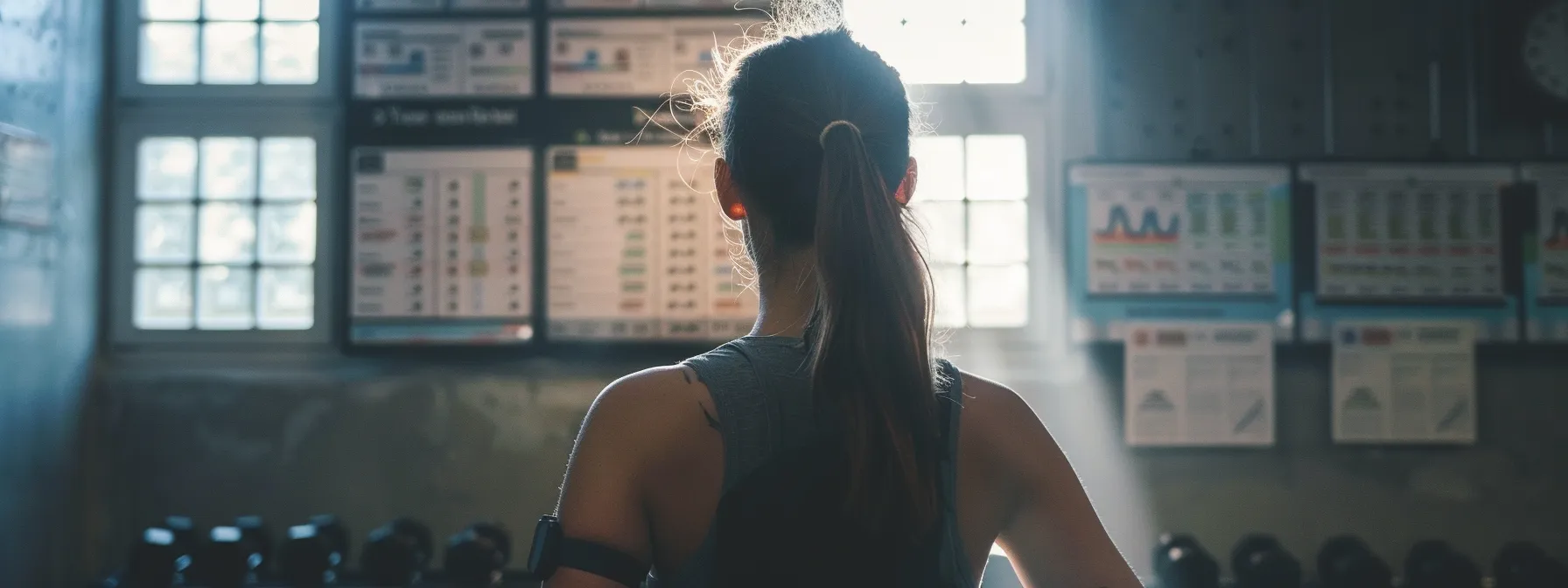 a person at a gym tracking their progress on a fitness tracker while studying a chart on the wall documenting different exercises.