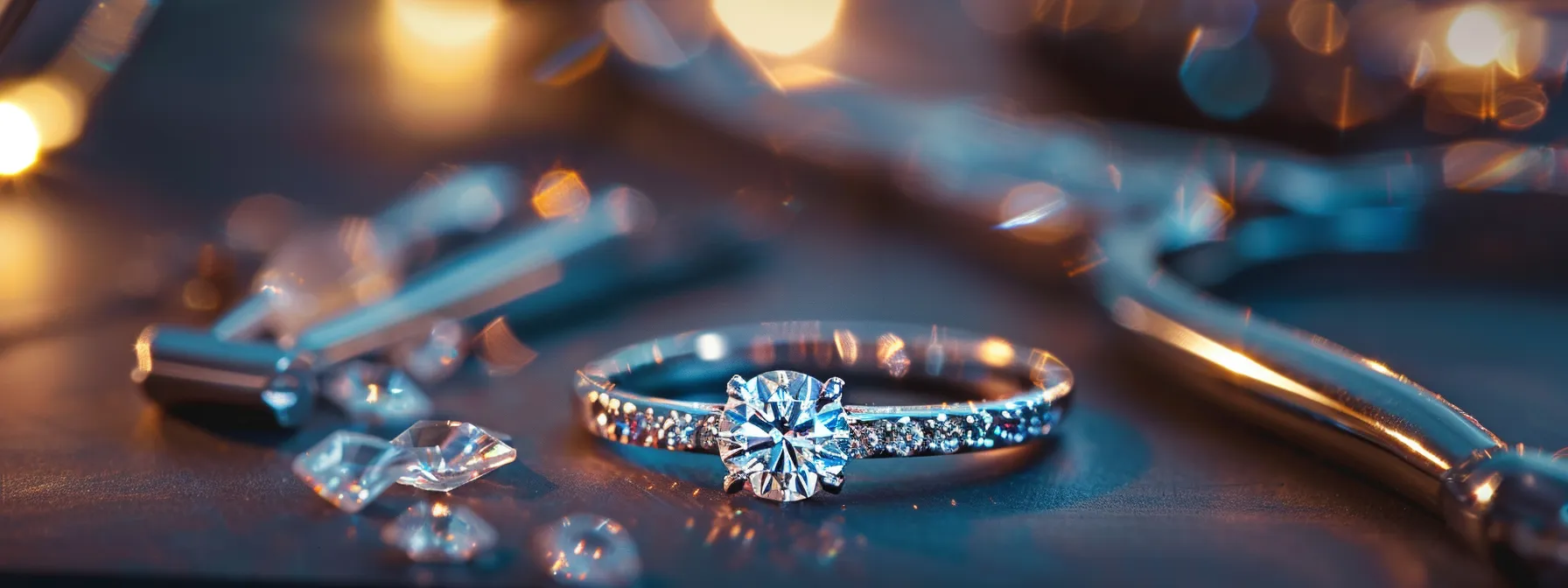 a luxurious platinum engagement ring glistening under bright lights, surrounded by elegant jewelry cleaning tools and insurance documents.