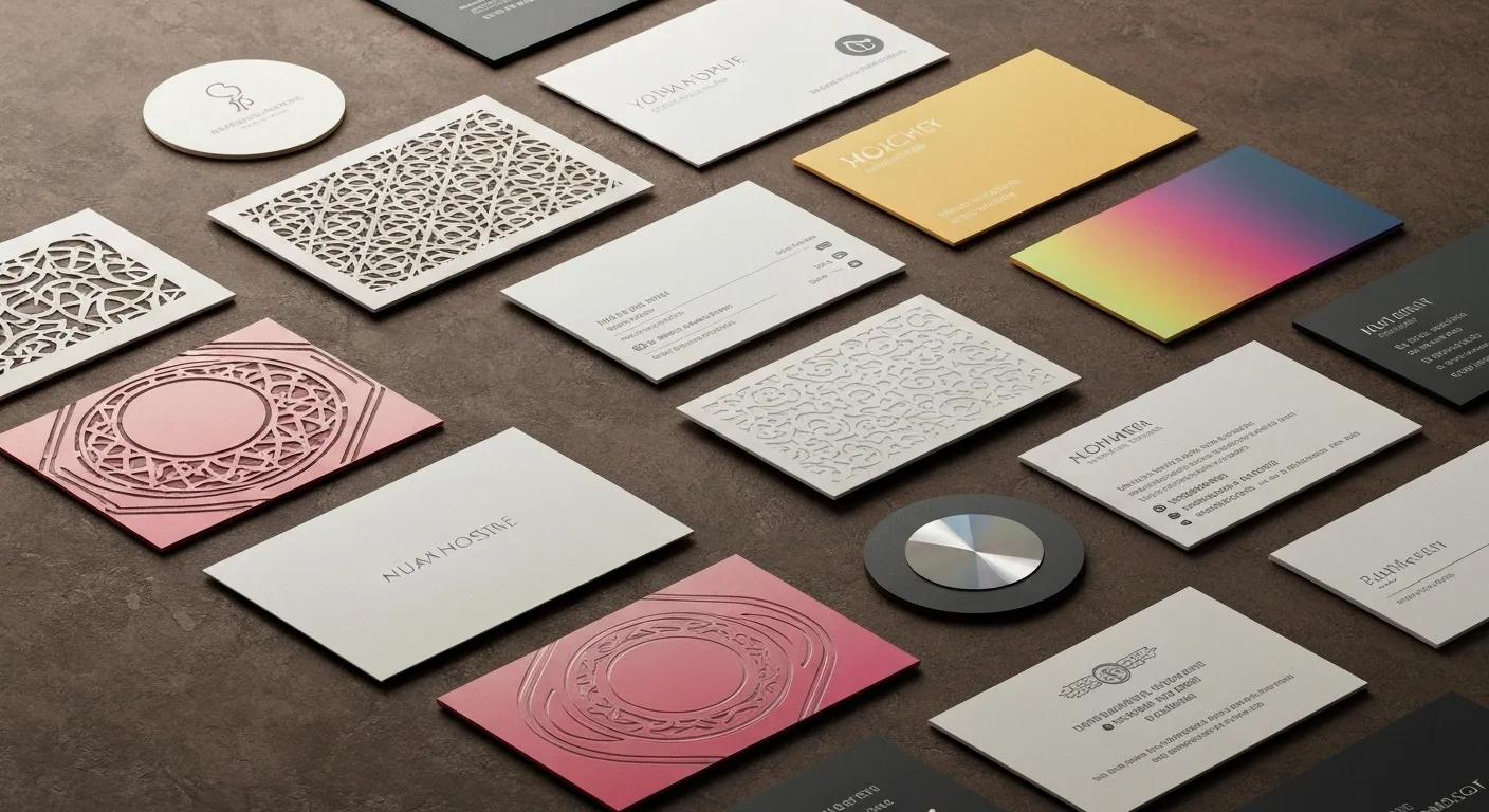 A variety of creatively shaped business cards including die-cut, square, and circular designs
