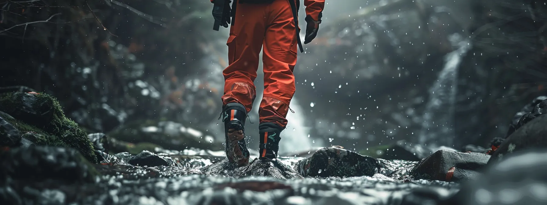 a rugged, adventure-themed photo featuring a person in quick-drying attire and a reliable jacket, with appropriate footwear, standing ready for a whitewater rafting trip.