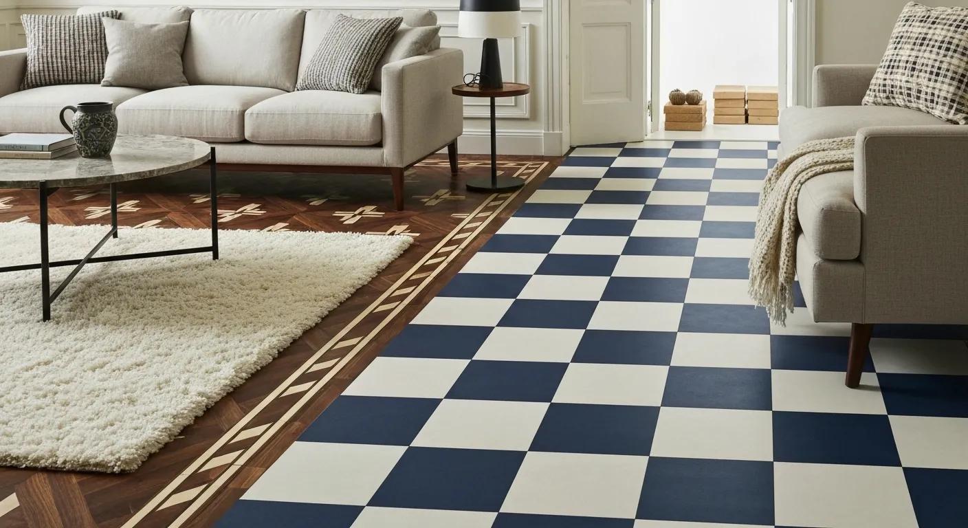 Vintage flooring styles in a stylish living room featuring Art Deco parquet, checkerboard vinyl, and shag carpets