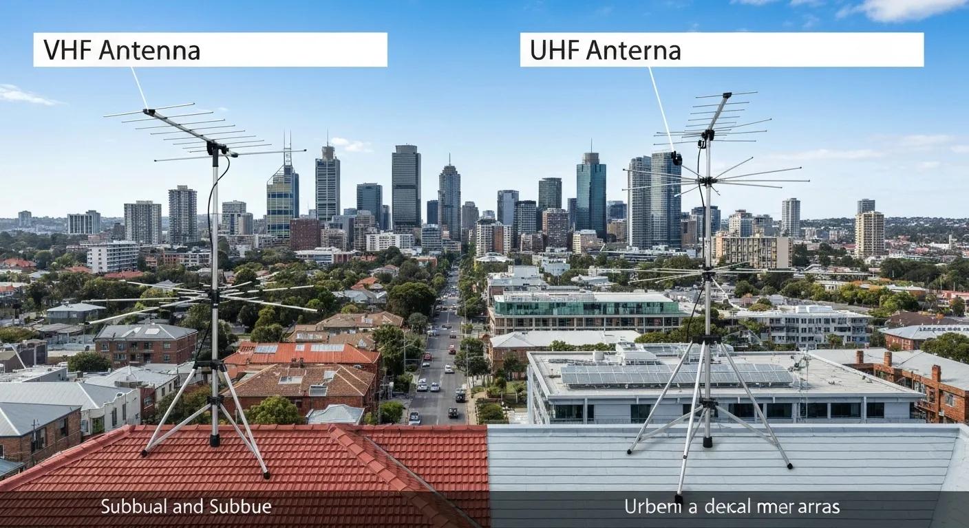 A clear comparison of VHF and UHF antennas, illustrating their distinct designs and typical applications in Sydney's suburban and urban environments