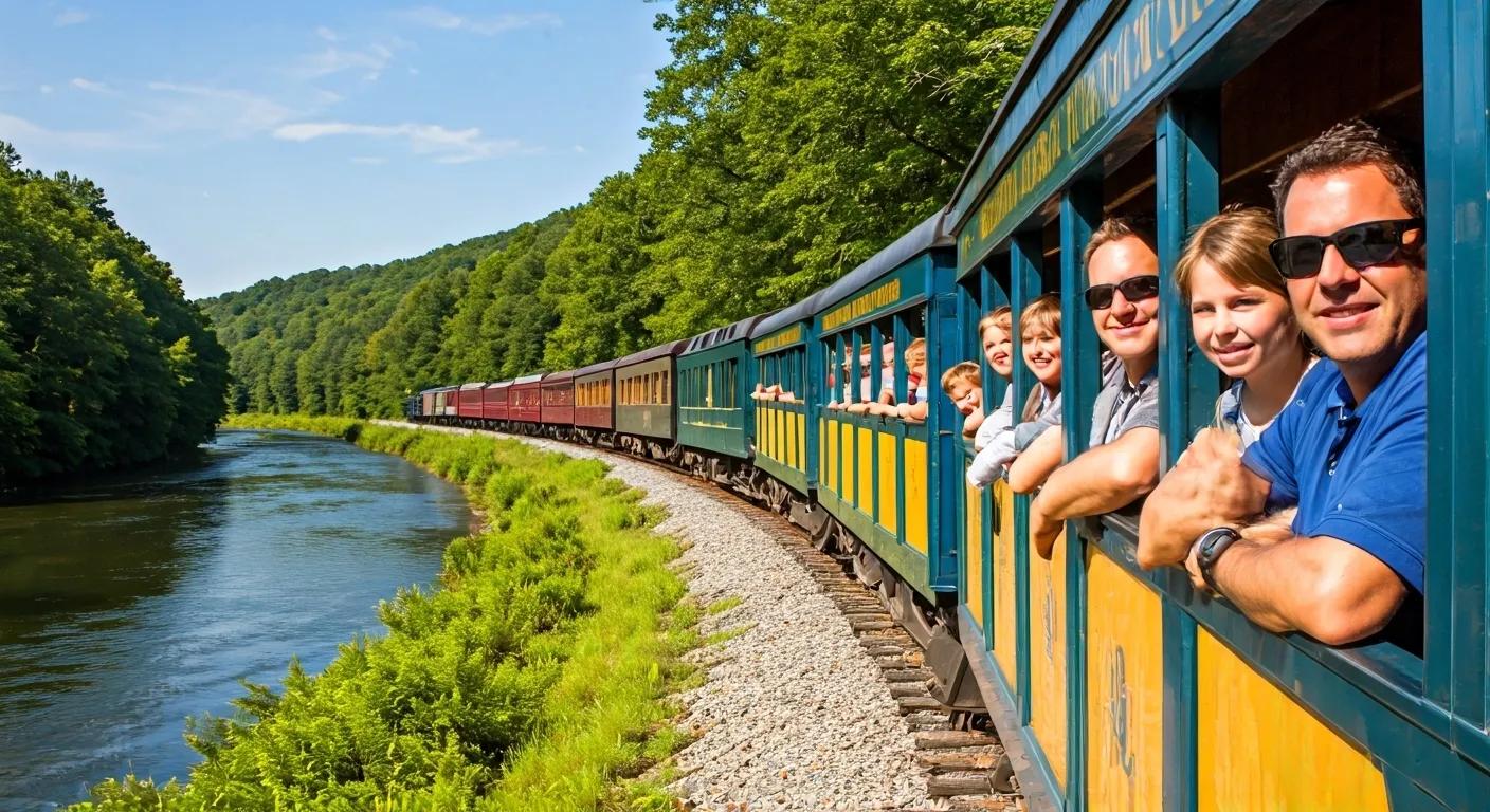 Blue Ridge Scenic Railway traveling along the Toccoa River, showcasing family adventure and scenic beauty Blue Ridge Scenic Railway traveling along the Toccoa River, showcasing family adventure and scenic beauty