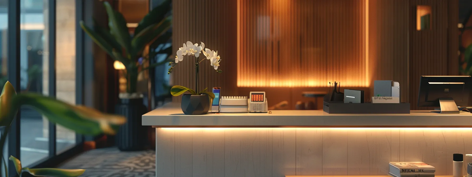 a hotel concierge desk with smartcall alert systems displayed prominently.