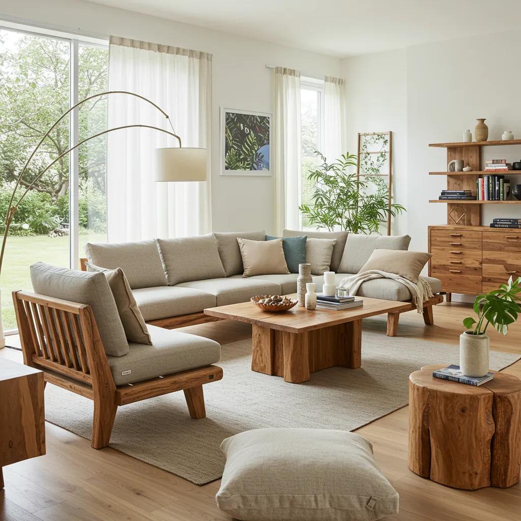 Sustainable furniture made from reclaimed wood in a bright, eco-friendly living space